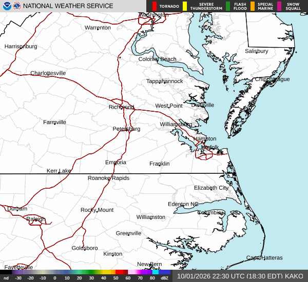 National Weather Service radar loop for the lower Chesapeake Bay and Chesapeake Bay Bridge-Tunnel region