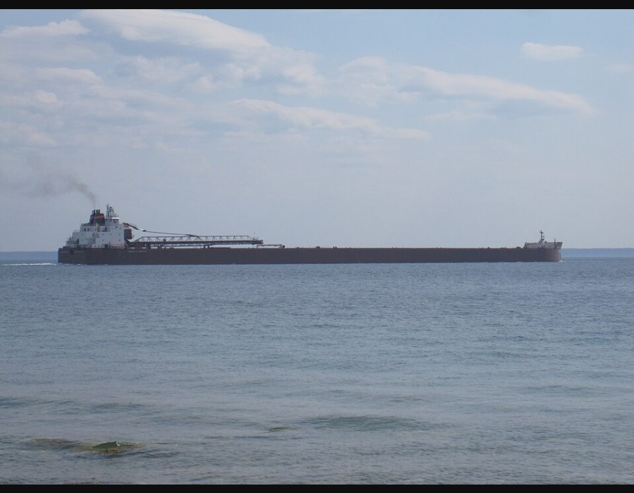 James R. Barker crossing the Straits of Mackinac in May 2014; not a winter layup photograph.