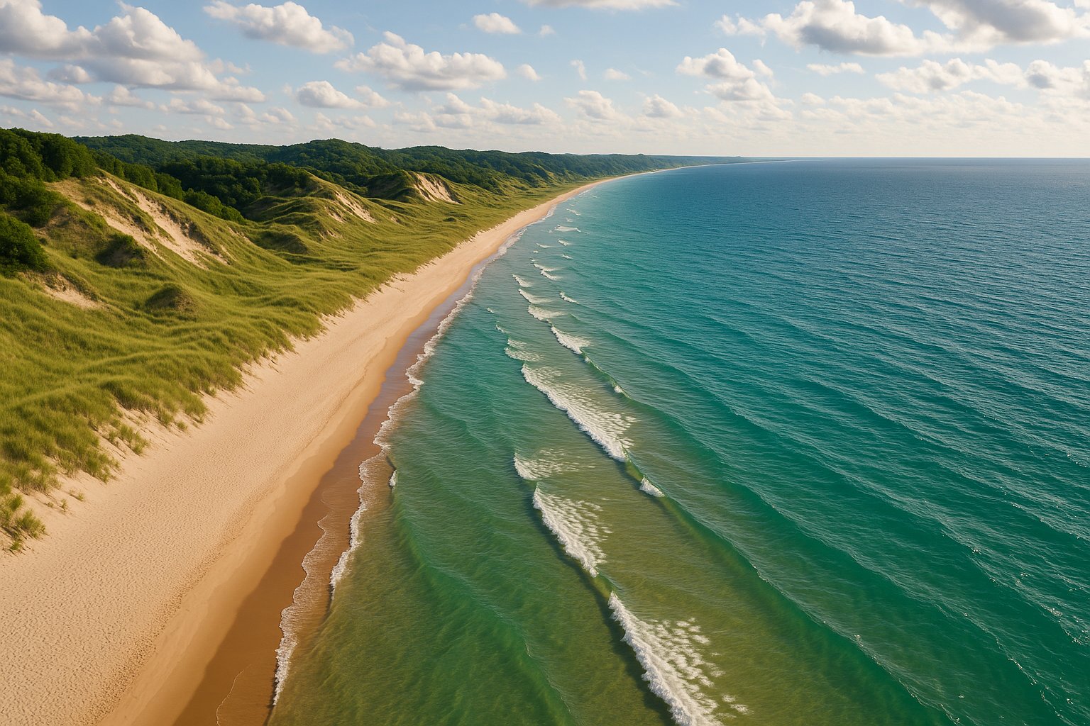 A long sandy Lake Michigan beach with dune grass and a clear horizon over open water