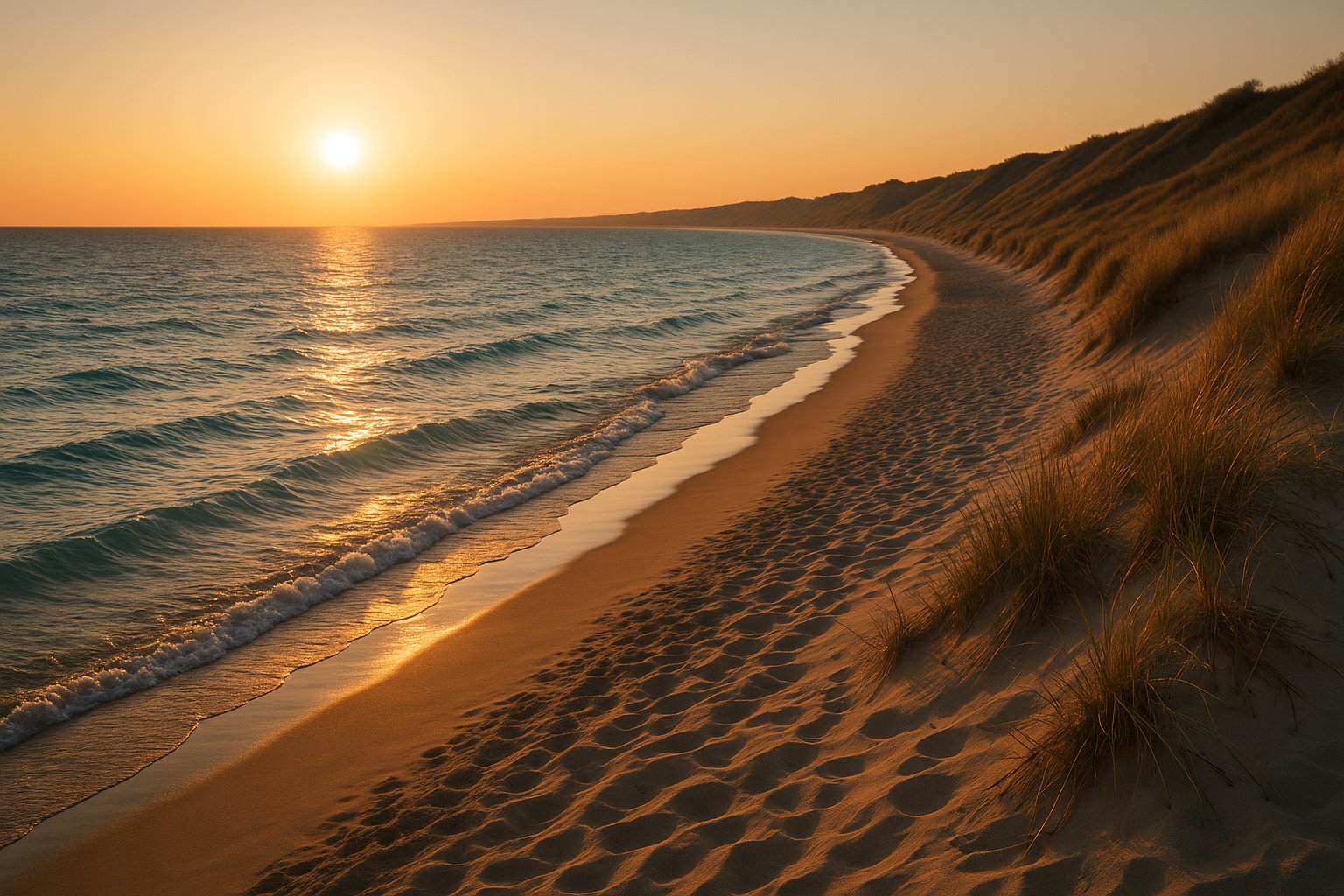 A long sandy Lake Michigan beach at sunset with dunes covered in marram grass and turquoise water