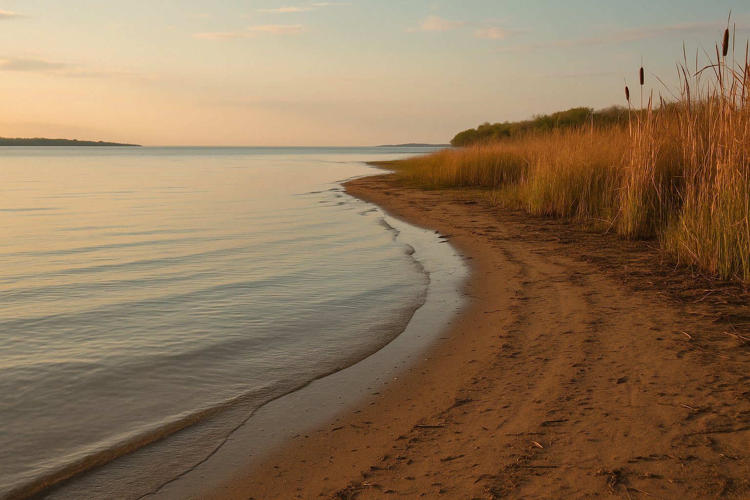 A wide shallow Saginaw Bay beach with marsh grass and a calm reflective surface at golden hour