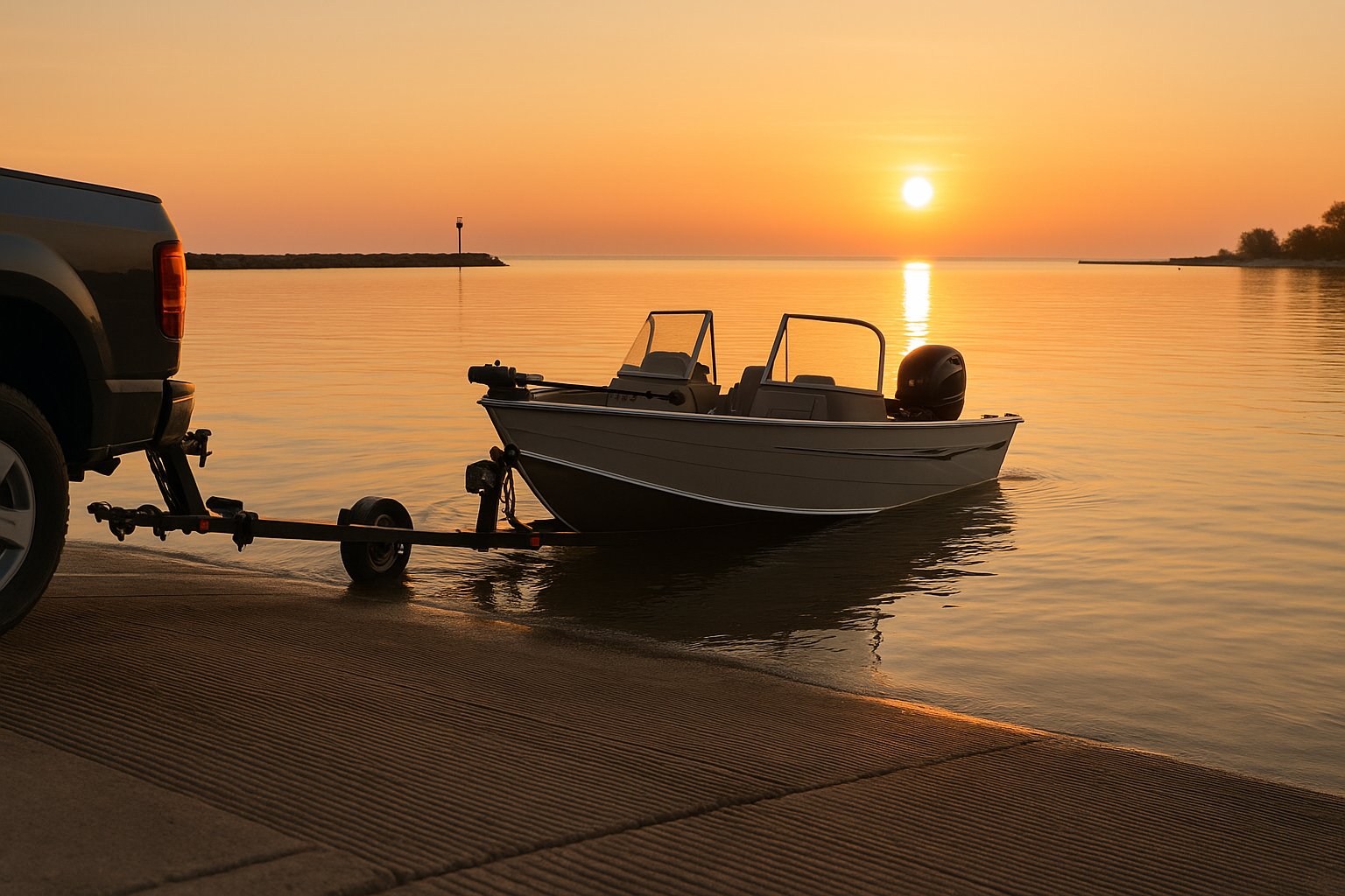 A trailer boat being launched at a concrete ramp on a Great Lakes harbor at sunrise