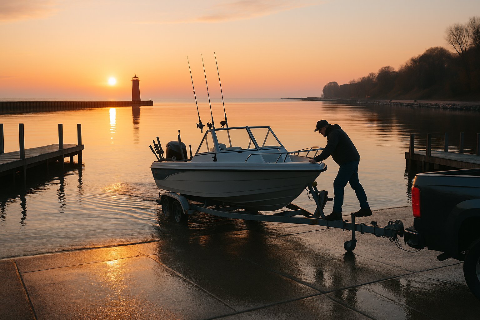 A boat being launched at a Lake Michigan municipal harbor at dawn, lighthouse visible in the background