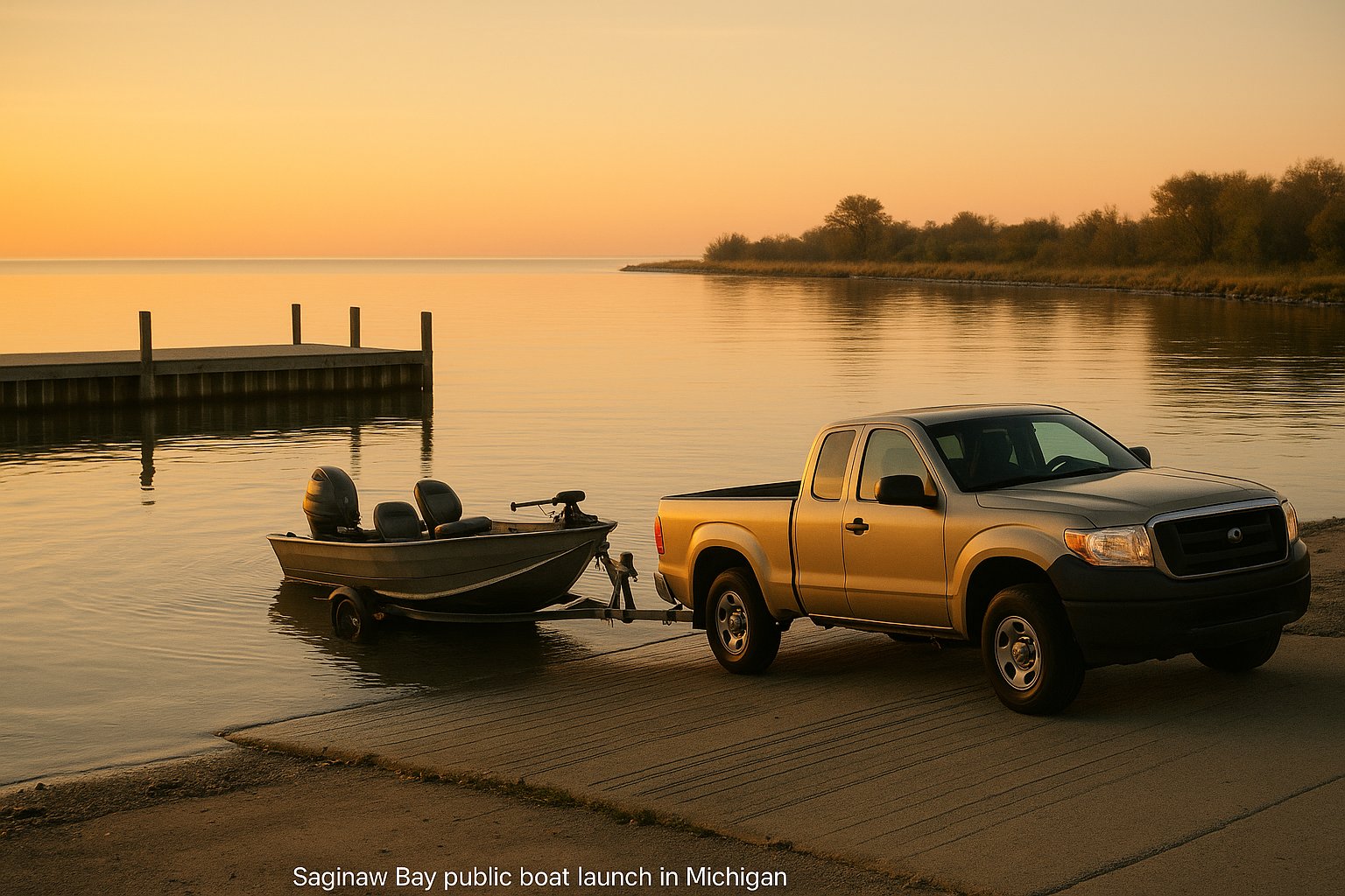 A walleye boat being launched at a Saginaw Bay public ramp at dawn, calm protected water and pier visible