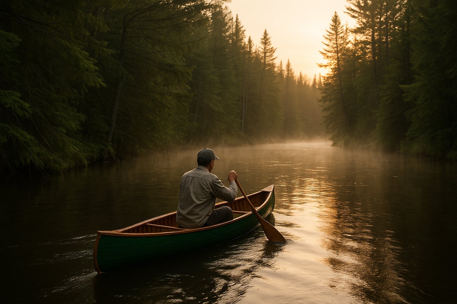 A solo canoeist paddling a Michigan river at dawn, mist rising from the water, cedar trees lining the banks