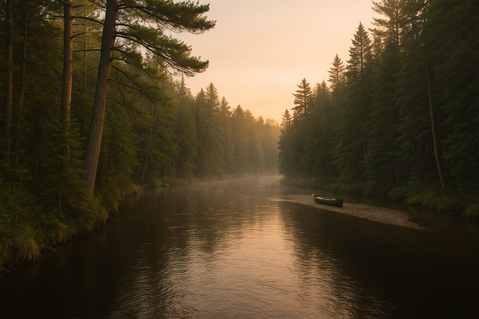 The Manistee River at dawn, cedar-lined banks, a single canoe in the distance, mist rising from the water