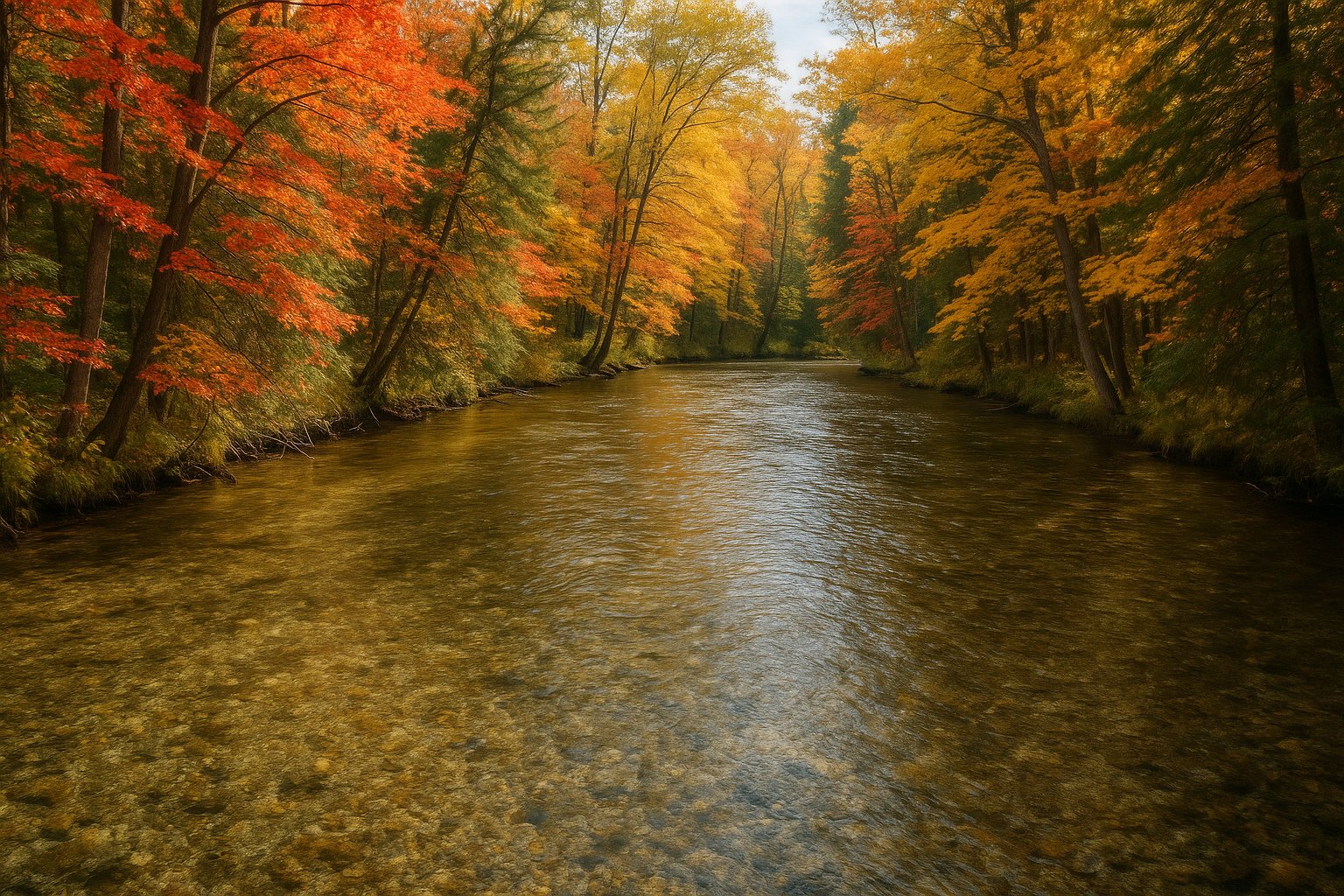The Pere Marquette River winding through cedar swamp, water clear over gravel, autumn colors on the banks