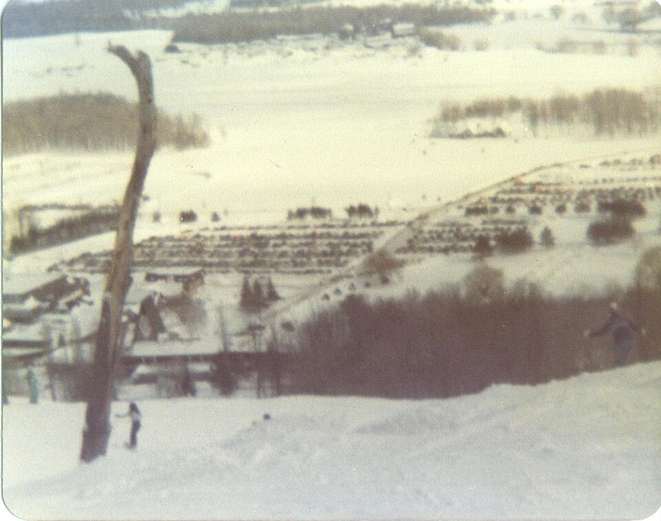 Alpine ski chalets and snow-covered slopes at Boyne Mountain in winter