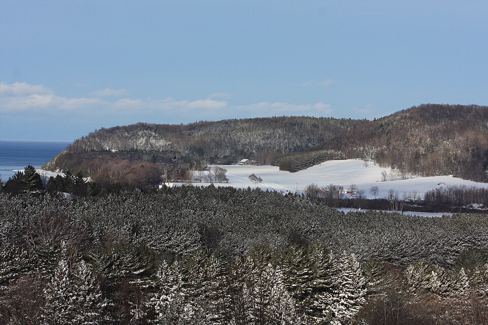 Heavy lake-effect snow blanketing cedar hollows and wooded river valleys in Northwest Michigan