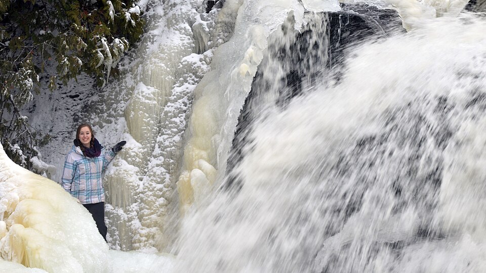 Frozen waterfall ice and deep snow in the Porcupine Mountains and Ontonagon backcountry