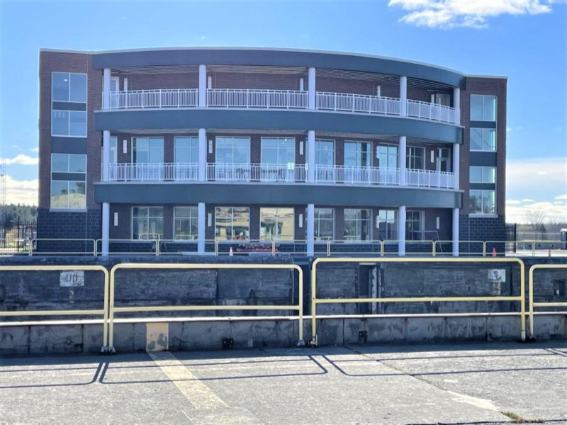 The Seaway Visitor Center building and observation terraces beside Eisenhower Lock