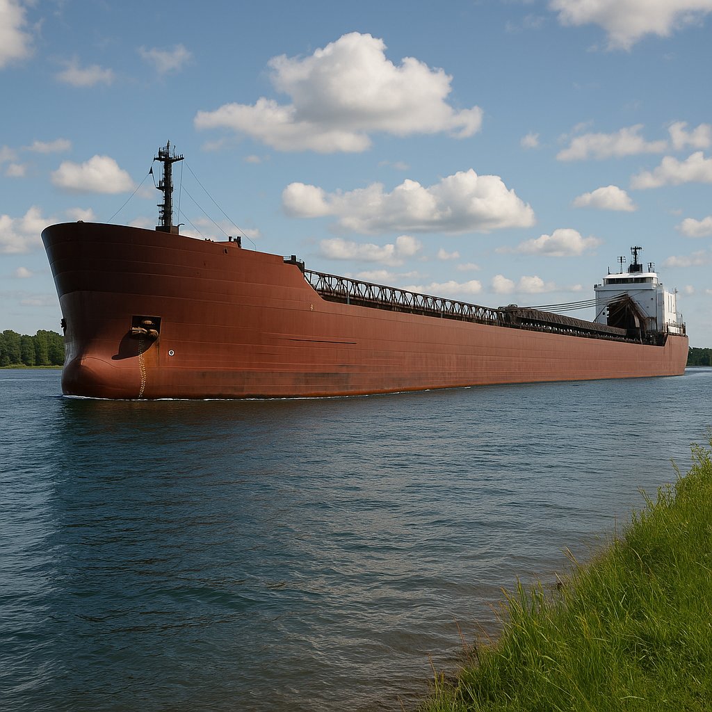 A 1,000-foot Great Lakes ore freighter transiting the St. Marys River below the Soo Locks