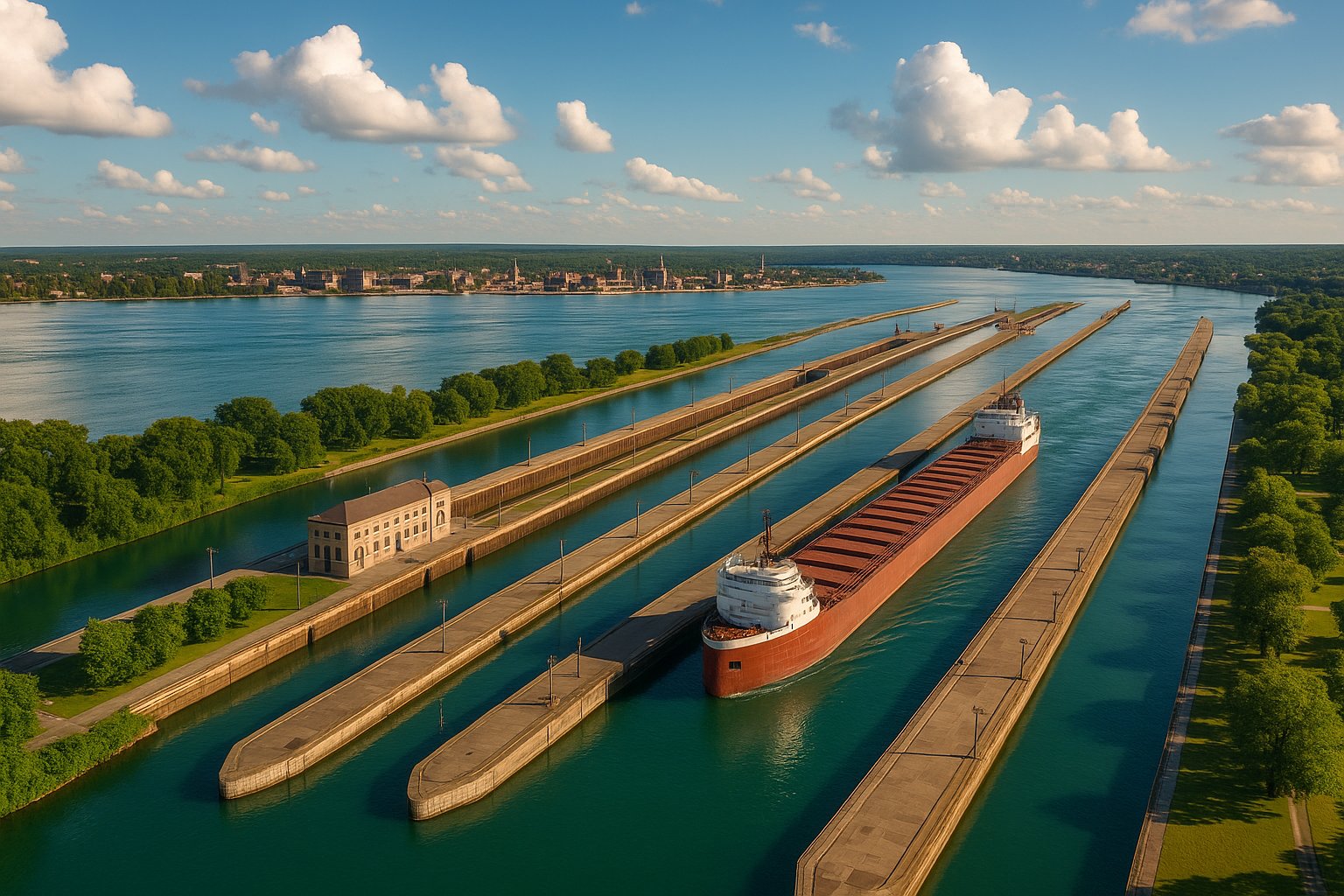 Aerial view of the Soo Locks at Sault Ste. Marie, Michigan, showing all four parallel lock chambers with a Great Lakes freighter mid-transit