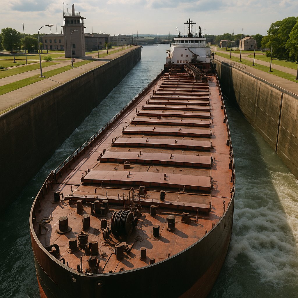 Looking down into a lock chamber from the observation deck, a Great Lakes ore freighter inside