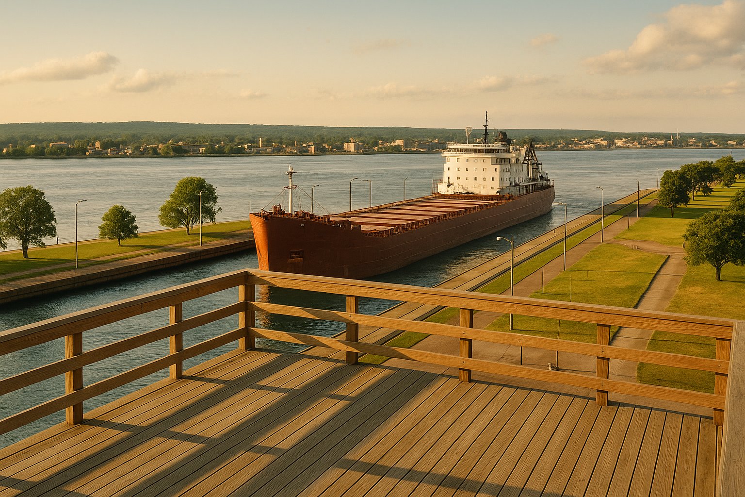 The Soo Locks Visitor Center observation platform overlooking the MacArthur Lock