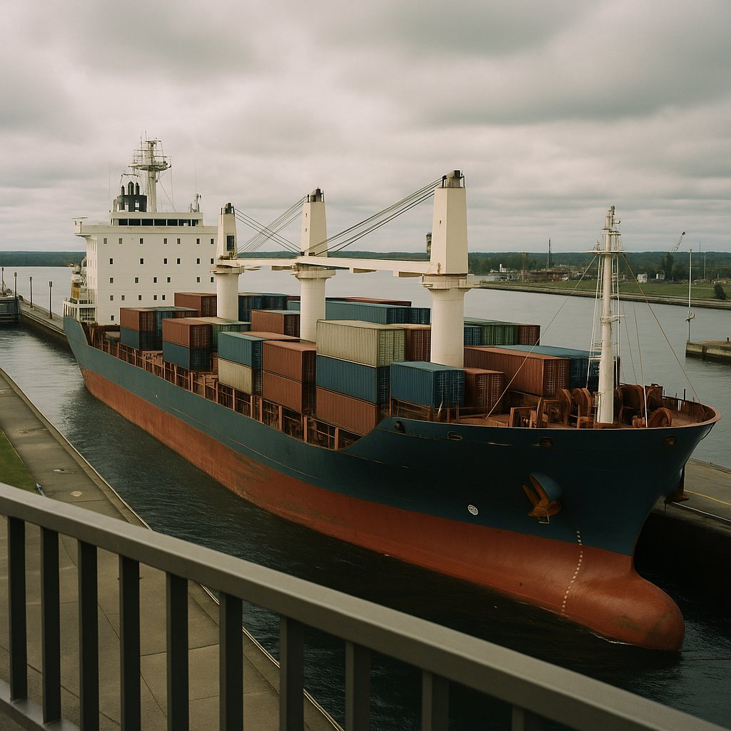 An oceangoing saltwater cargo vessel transiting the Soo Locks